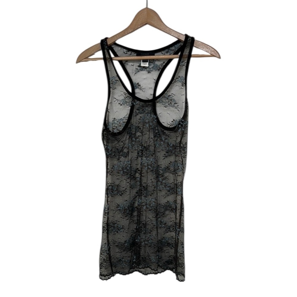 Y2K Sheer Layering Tank Top Womens Size Medium Lace Floral Velvet Trim Racerback